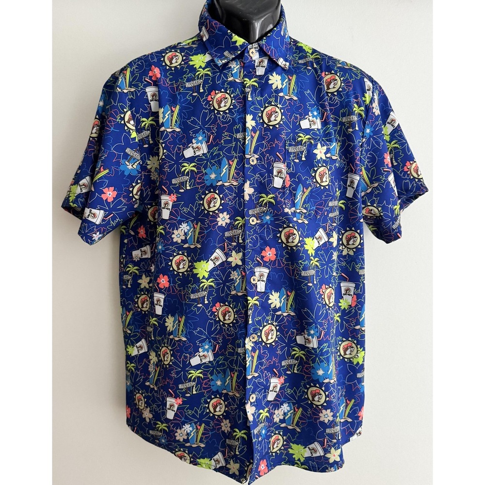 Buc-ee's Shirt Mens M Blue Hawaiian Short Sleeve Surf Graphic Stretch Button-Up